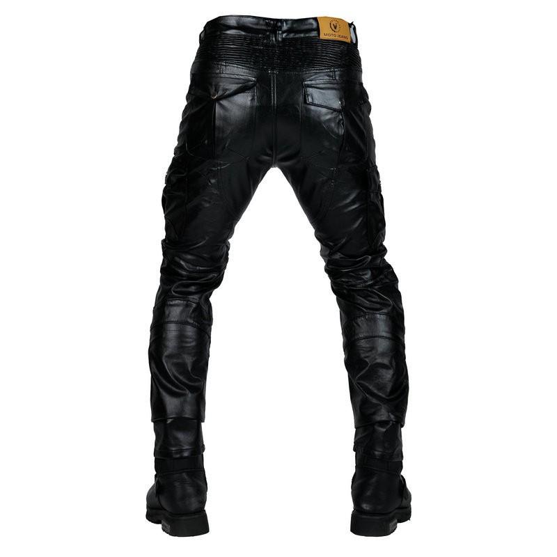 Motorcycle Riding Pants Mens PU Leather Biker Trousers With Multiple Pockets Windproof Waterproof Retro Workwear