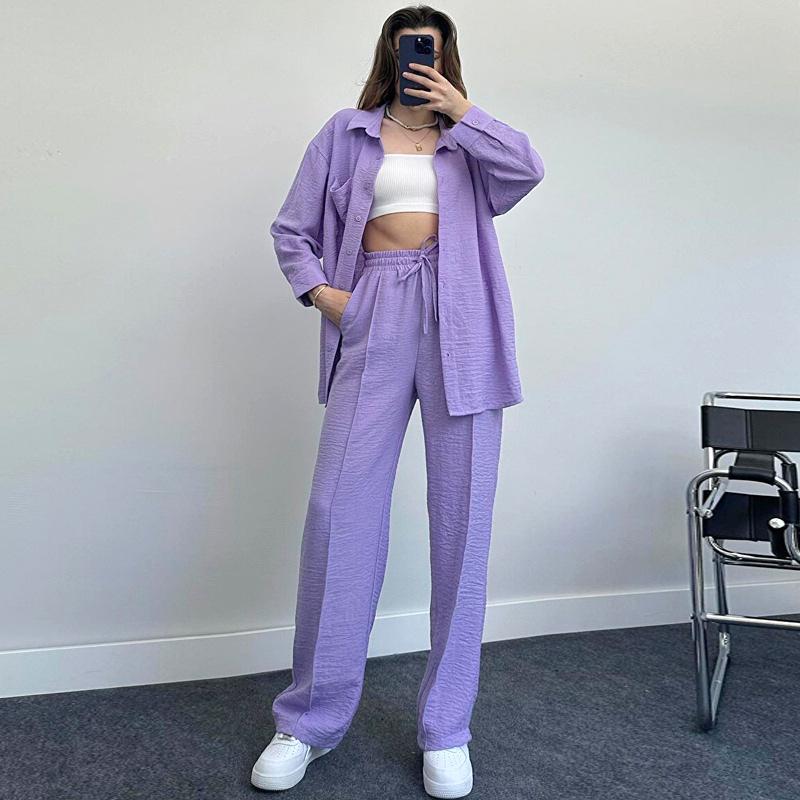 

Женская свободная рубашка с длинным рукавом, брюки на весну и осень, женский комплект из двух предметов 2XL фиолетовый