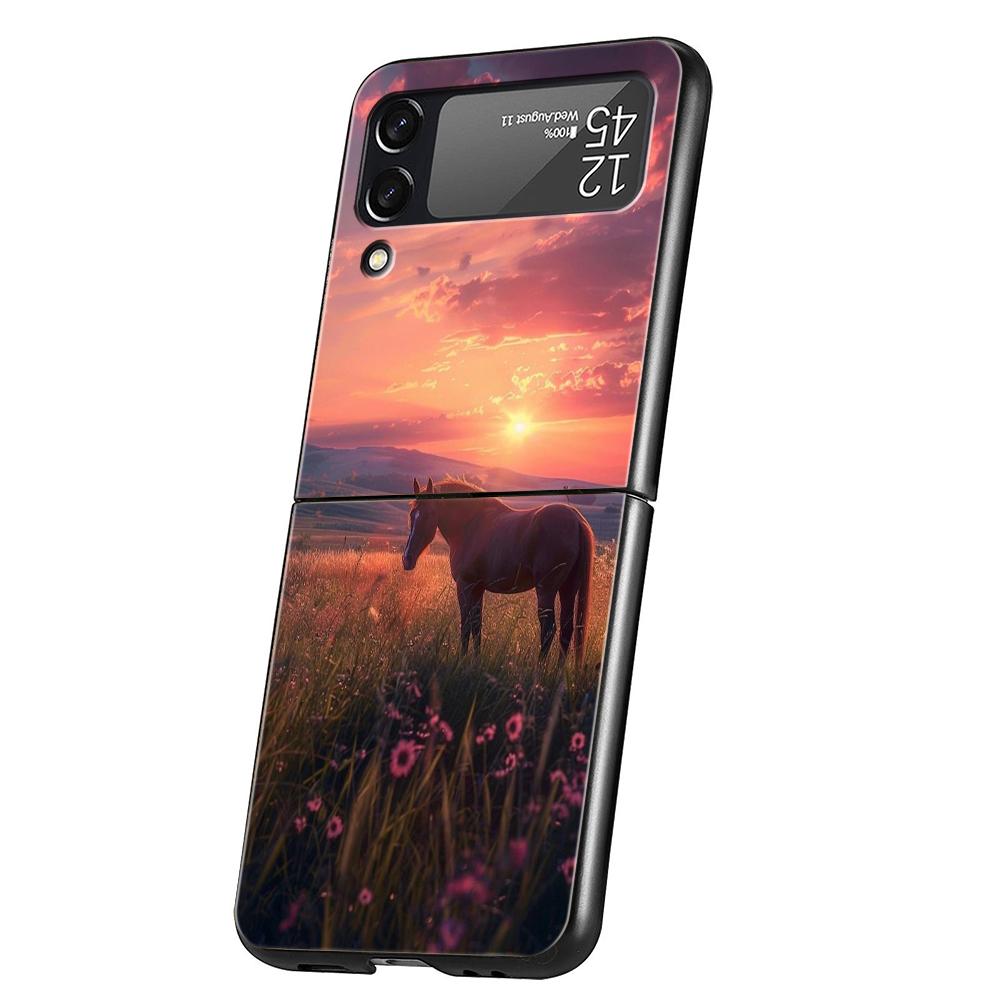 Luxury Phone Case For Samsung Galaxy Z Flip 3 4 5 6 Hard Black Folding PC For Samsung Z Flip3 Flip4 Flip5 Cover Horse Animal