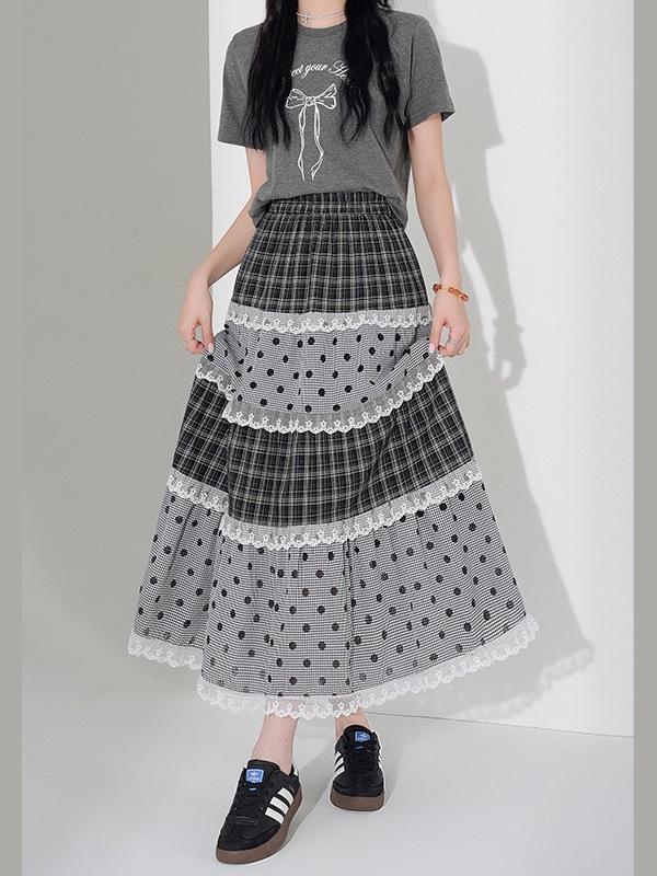 Jupe Midi en Dentelle à Pois Japonais: Ligne A, Étages, Doux, Style Collège pour la Garde-robe d'Été des Femmes