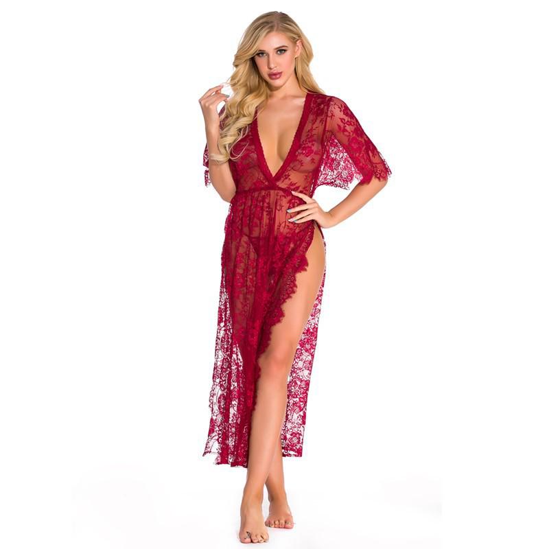 2023 European & American Sexy Lace Deep V Women’s Bodysuit with Side Opening and Long Robe