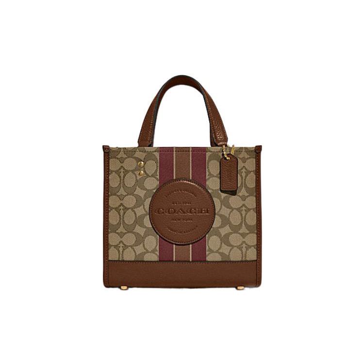 Coach Dempsey 22 Letter Logo Stripe Print Fabric And Leather Tote Bag Women Tote Bags Elephant-Gray Brown C8417-IMVGB