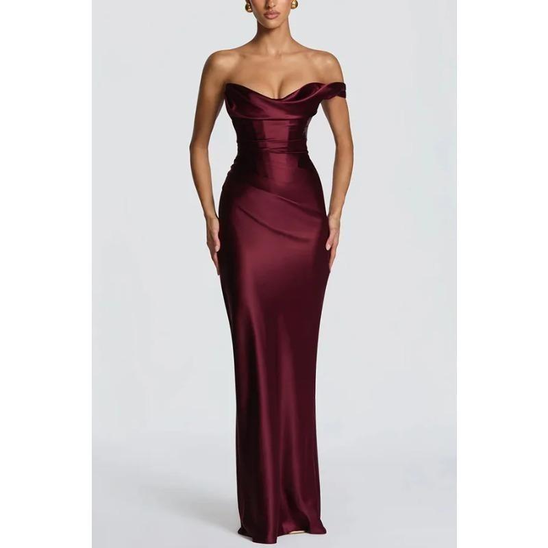 Fashion Women's Satin One Shoulder Long Dress Bandage Pleated Backless Sleeveless Dresses Summer Lady Party Evening Robes New