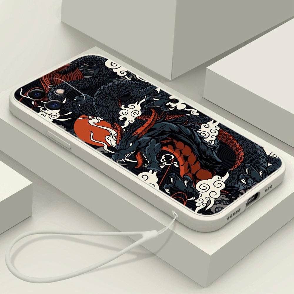 Samsung Galaxy A14 A24 A23 A13 A53 A54 A34 S23 FE for iPhone 11 12 13 14 15 Pro Max Soft Straight Edge Telefonveske Med snordeksel A33 Dragon design