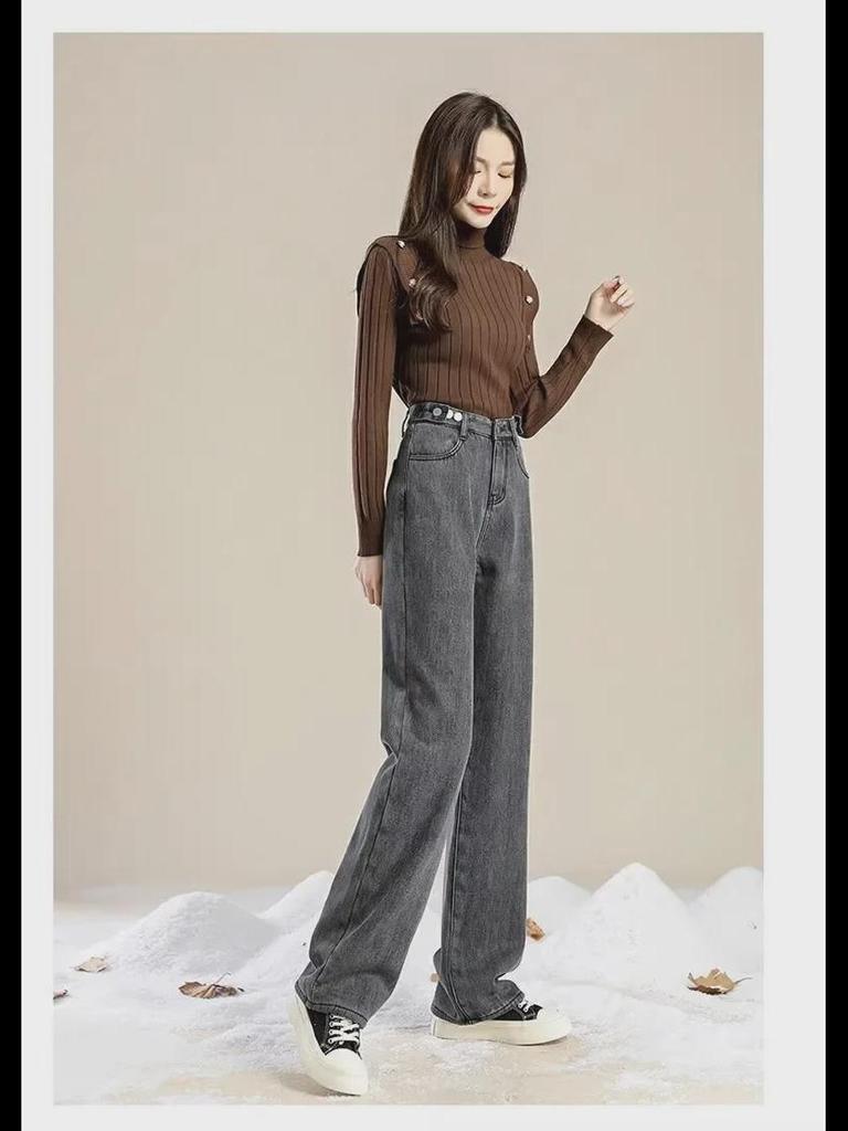 Women's Plush High-Waist Wide-Leg Jeans - Slim, Warm, All-Match Loose Straight Fit for Autumn/Winter