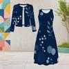 Women Plus Size Two Piece Dress Set Round Neck Long Sleeve Cropped Cardigan Sleeveless Printed White Dress