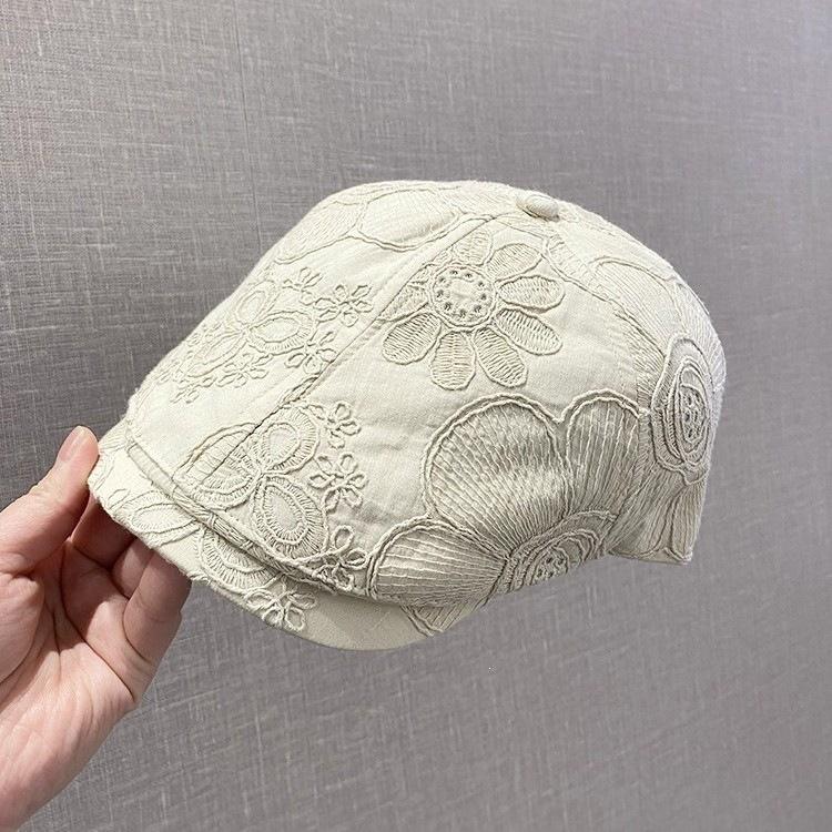 Thin Embroidered Flower Forward Hat Children Spring and Summer Literary and Retro Versatile Breathable Face Ducktongue Beret