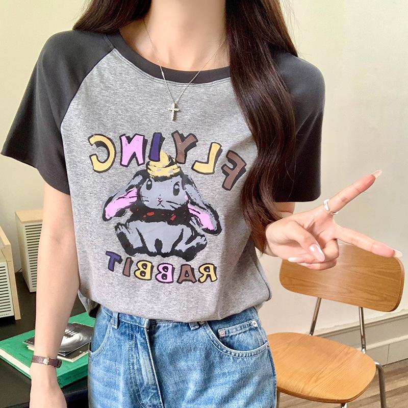 

Retro Printed Short-sleeved T-shirt In Summer New Design Contrasting Color Ragdoll Sleeves Slimming Top XL