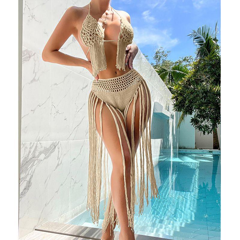 

Fashion Elegant Travel Beach Sexy Open Back Swimsuit Bikini Suit Female Backless Bikini Suit Apricot color M