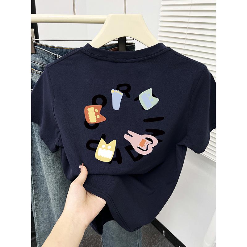 

Бургундская футболка с прямыми плечами, короткими рукавами и круглым вырезом для женщин, лето 2024, с уникальным принтом спереди и сзади Large