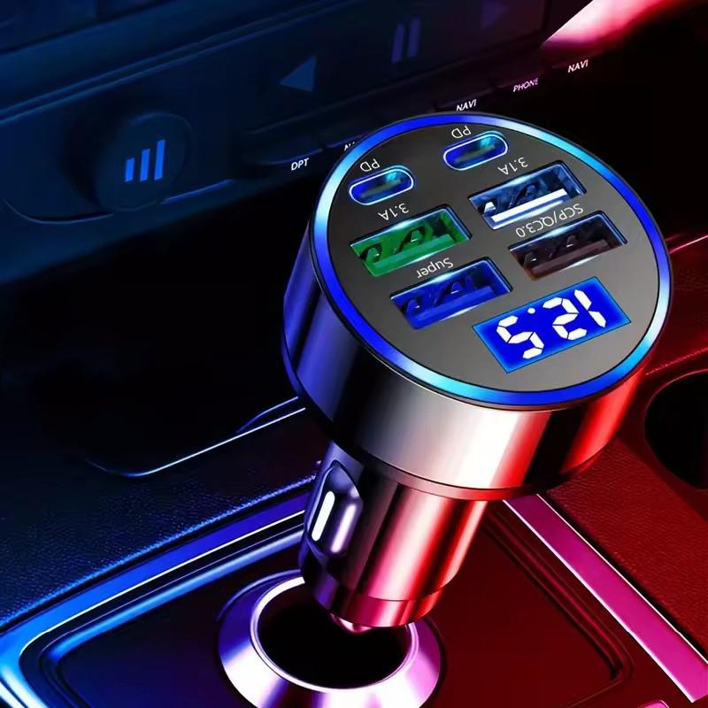 300W 6 Ports Car Charger QC3.1 Fast Charger 4USB 2PD Car Cigarette Lighter Plug Car Charger Flash Charge with Digital Display