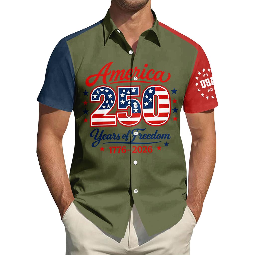 Top da Uomo Stampato per il Giorno dell'Indipendenza con Colletto Camicia Casual Sportiva a Maniche Corte da Uomo