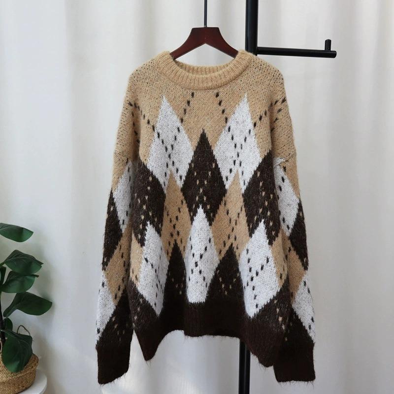 Lazy wind jacquard Christmas rhombus sweater women's new autumn and winter round neck pullover outer wear knitted sweater women