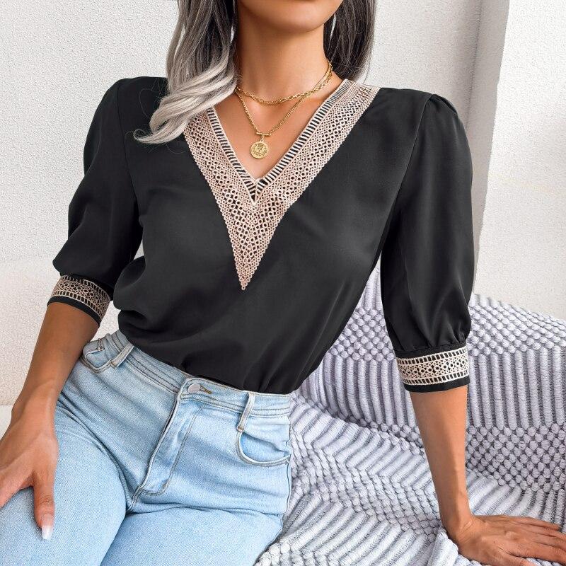2023 sommer Lose V-ausschnitt Hemd Frühling Frau Elegante Spitze Chiffon Halbe Hülse Bluse Casual Pullover Tops Blusas Para Mujer 25127