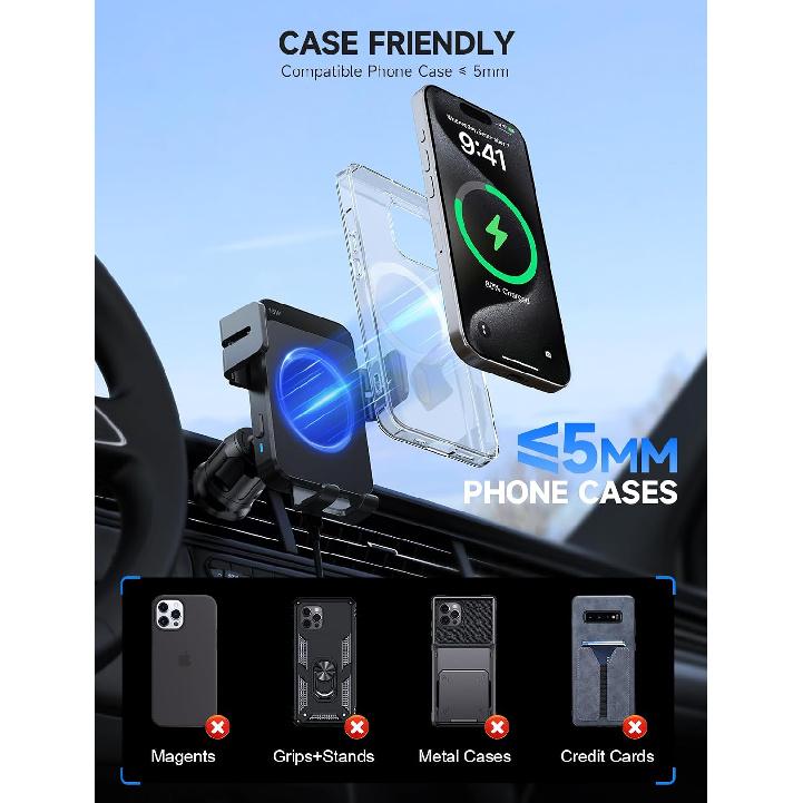Wireless Car Charger 15W Auto Clamping Phone Holder Dash Windshield Vent