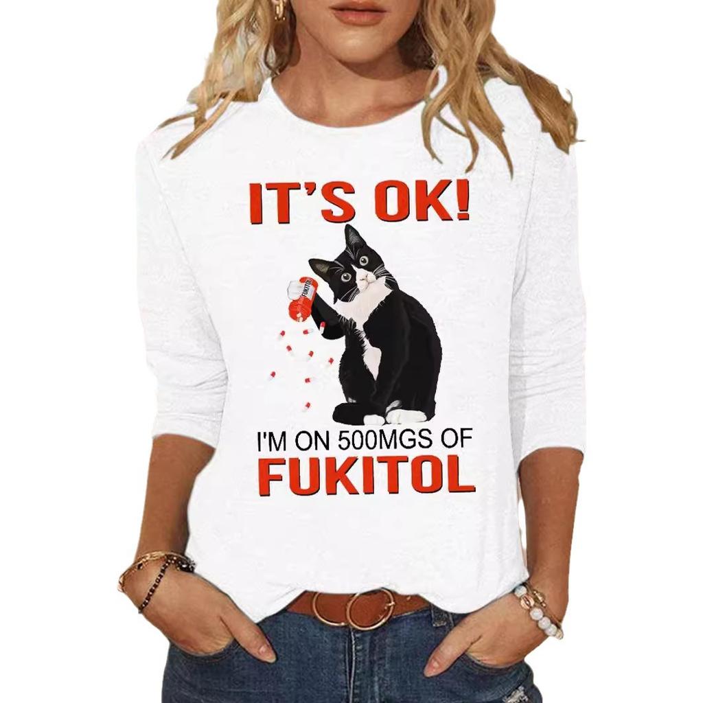Okrągły dekolt 3D nadruk zabawny kot wzór top modny casual długi rękaw damskie koszulki