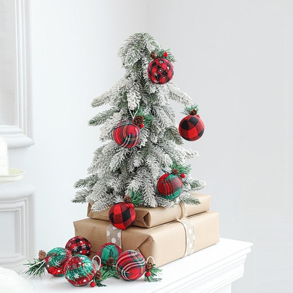 

6pcs Red Green Plaid Cloth Christmas Tree Ball with Berry Leaves Pendants Foam Ball New Year