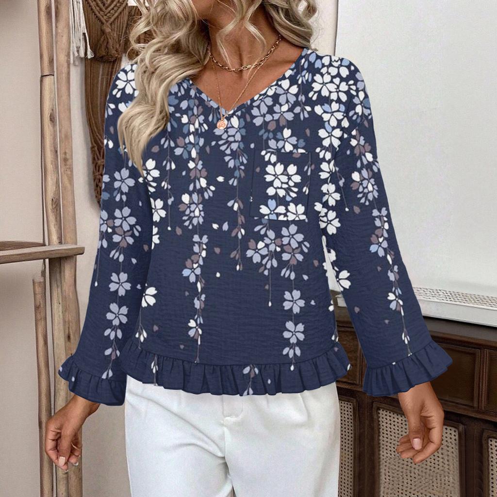 Dámský ležérní módní top s volánky, výstřihem do V, potiskem a dlouhým rukávem