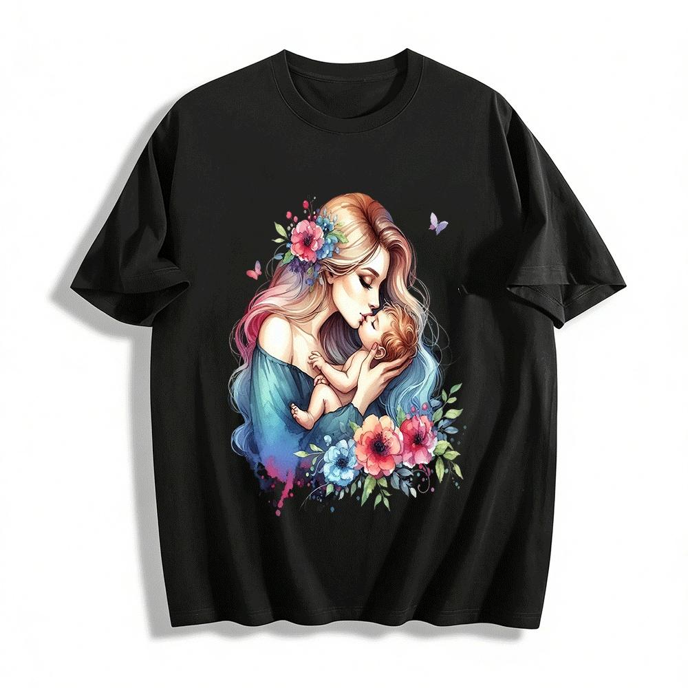 Gentle Mother And Baby Embrace Themed Printed Long Sleeve Top Pure cotton T-shirt XXS