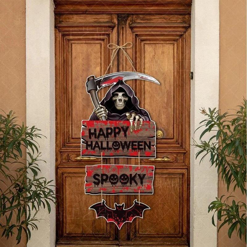 New Halloween Pumpkin Hanging Sign Spooky Witch Bat Trick or Treat Banners Front Door Decor Party Decorations