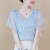Women's Short Sleeve Sequined Chiffon V-Neck Shirt - Elegant, Fashionable, Loose Fit Top for Mature, Fairy-Inspired Summer Style