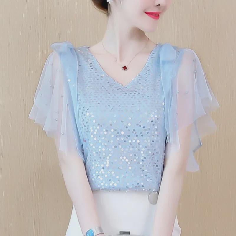 Women's Short Sleeve Sequined Chiffon V-Neck Shirt - Elegant, Fashionable, Loose Fit Top for Mature, Fairy-Inspired Summer Style