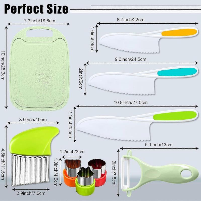9 Pcs Kids Kitchen Knife Set, Kids Knives For Real Cooking With Cutting Board, Y Peeler, Crinkle Cutter, Sandwich Cutter, Serrated Edges Plastic Toddl
