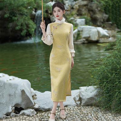 Yellow Velvet Winter Clothing National Style New Chinese Long-sleeved Cheongsam Winter Thick Improved Young Women's High Sense