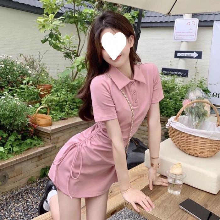 Pure desire style POLO collar dress women s spring and summer new drawstring straps slim and thin short-sleeved skirt S