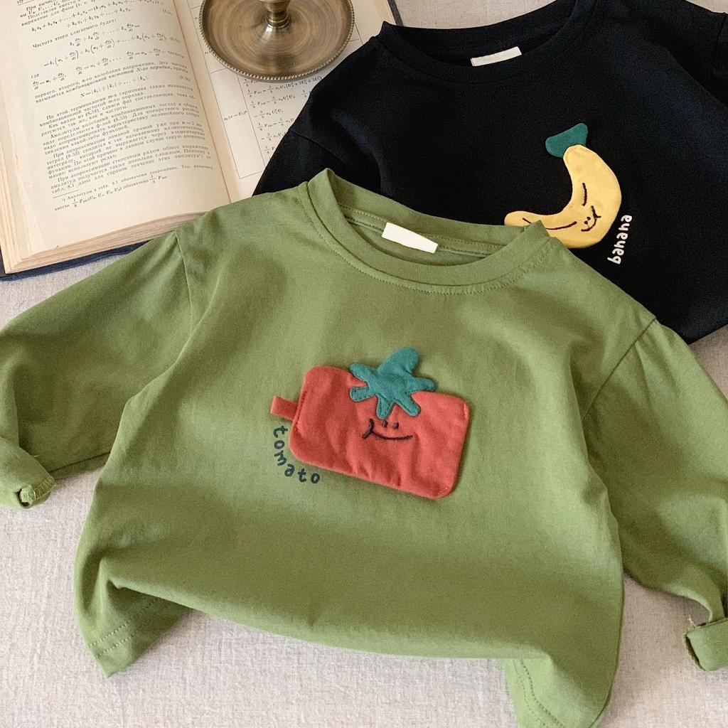 2025 spring children's clothing Japanese T-shirt children's long-sleeved boys and girls three-dimensional sticker fruit bottoming shirt
