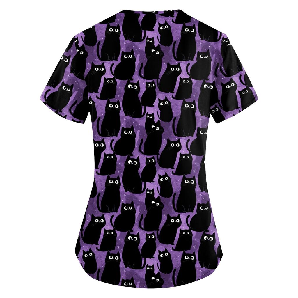 Women's Printing Uniform Work Uniform V-neck Pockets Basic Short Sleeve Pullover Top