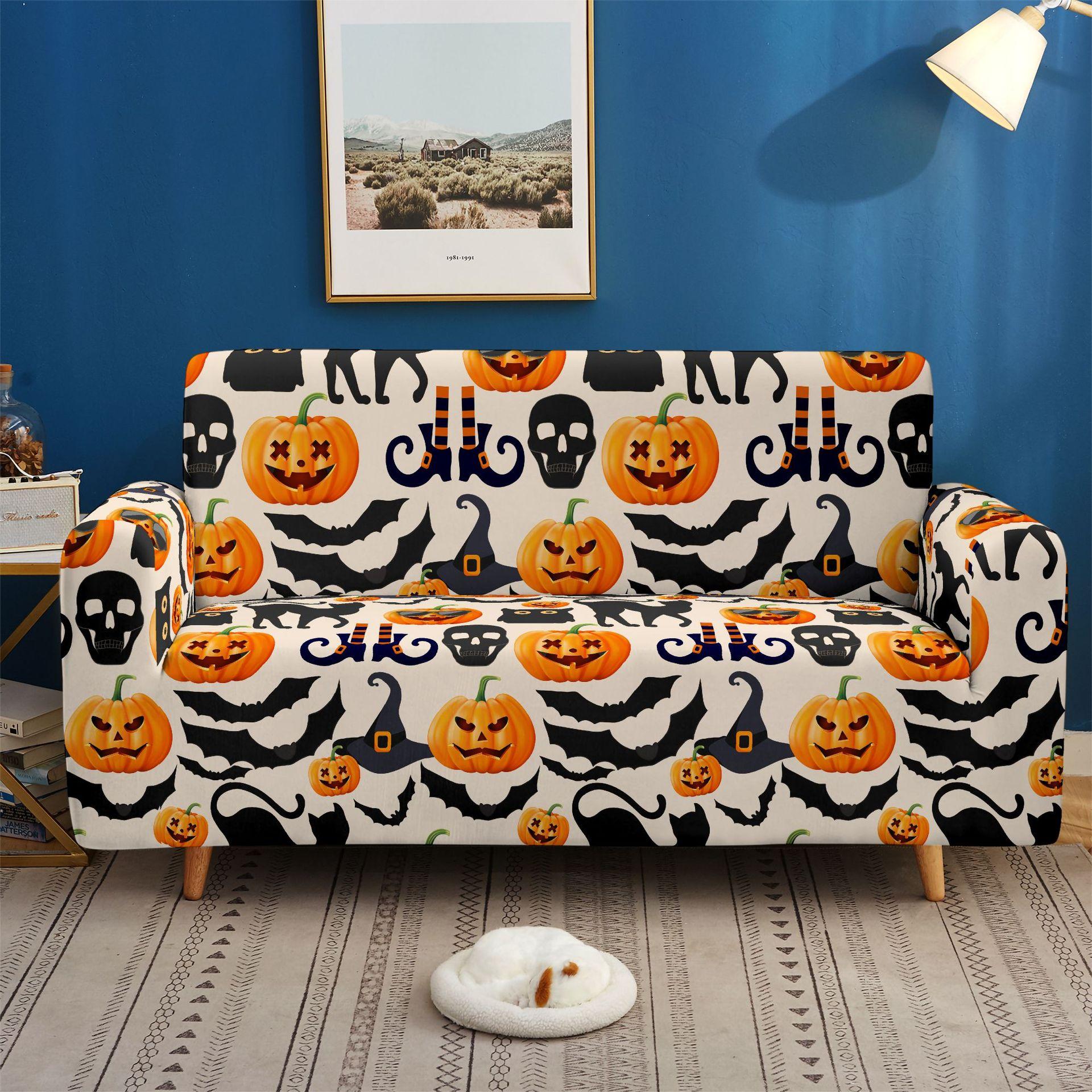 Halloween Elastische Sofabezüge All-Inclusive Kürbis Sofabezüge Mehrere Kombinationsdekoration Zuhause Universelle Sofabezüge Polster 90x140cm black