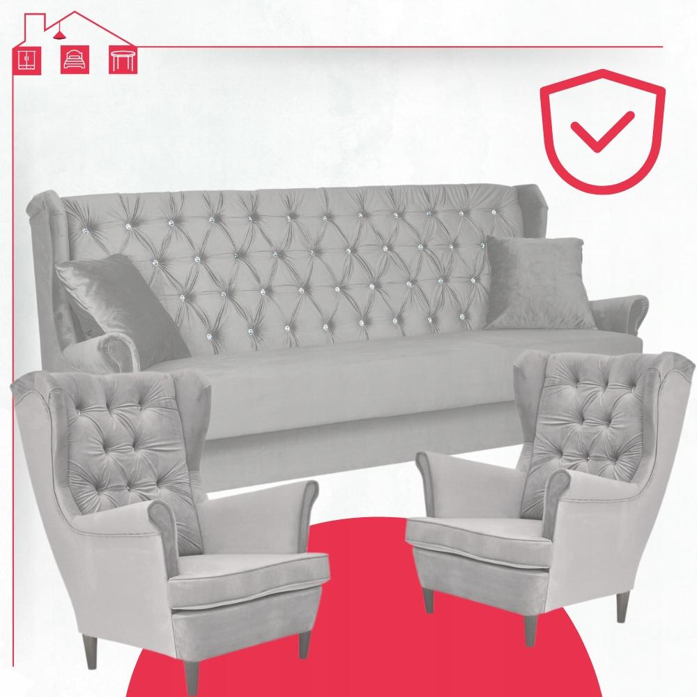 Zestaw wypoczynkowy welurowy komplet 2 fotele wersalka SZARY Family Meble