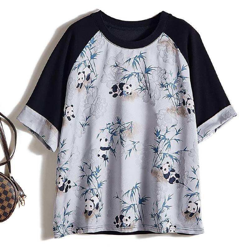 

Green Bamboo Panda Models Are Inclusive of Tops! National Style Air Cotton Patchwork Fake Two-Piece Breathable T-shirt Female Xia Fu Liqiang Push Black L