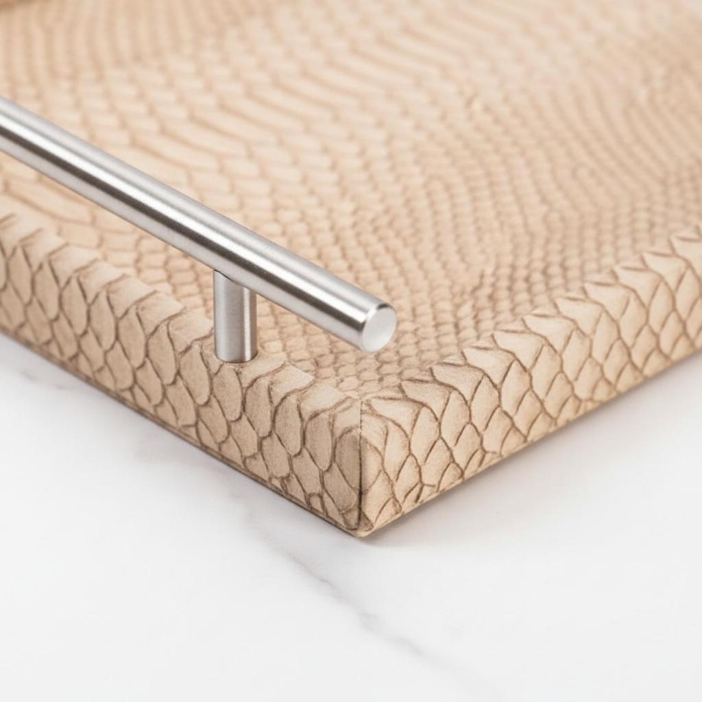Embossed Leather Tray with Raised Edge Versatile Rectangular Decorative Handles Elegant