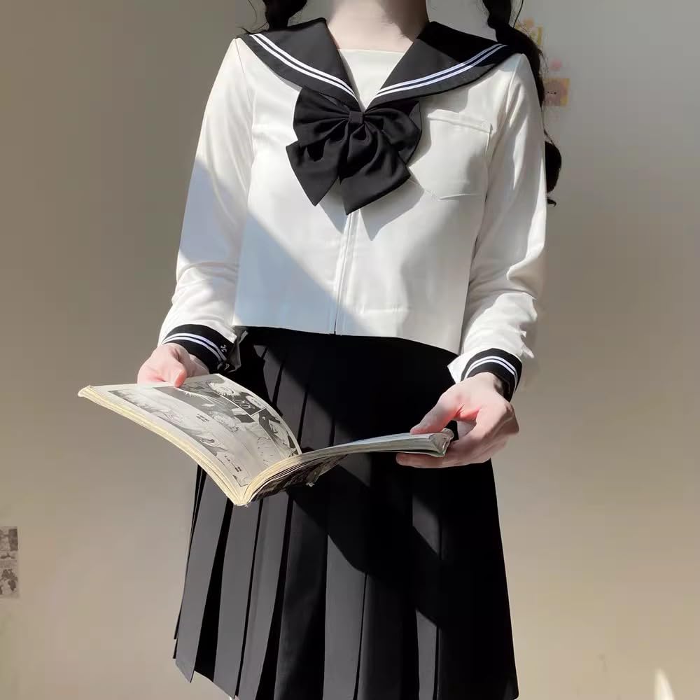 Sailor High School Fancy JK Long Front Top and Bottom Pleated Authentic Kansai School Graduation Cultural Cute [GSYCL] Uniform, Black, Girl, 3-Piece