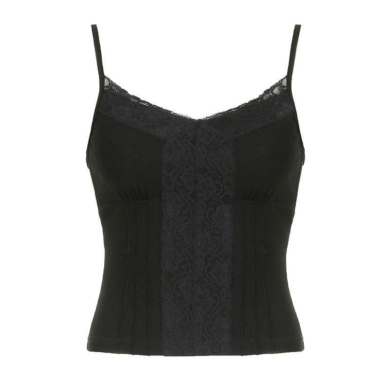 

European and American Style Sexy Lace Trim Spliced Camisole Tank Top with Deep V-Neck Solid Color Sleeveless Top for Women Black S