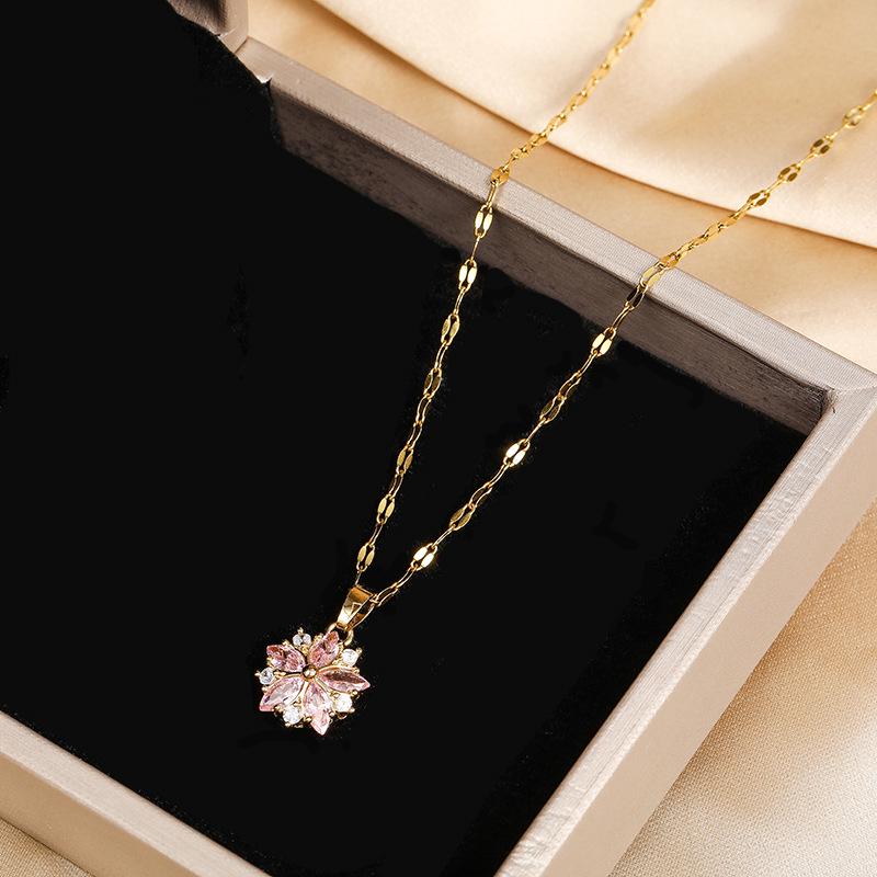 Sweet Zircon Crystal Cherry Blossom Pendant Necklace - Titanium Steel Clavicle Chain for Women