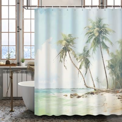 "Cartoon Summer Island Shower Curtain - Palm Tree & Beach Design, Polyester, 12 Hooks Included,Hotel-Style Bathroom Decor