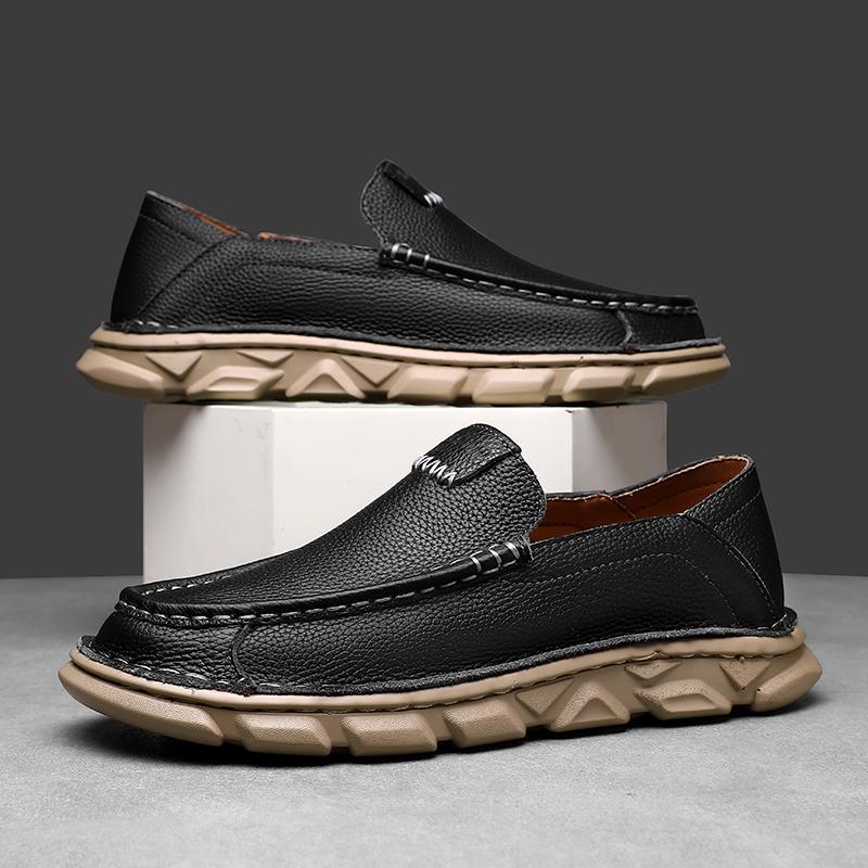 Fashion Mens Genuine Leather Business Leather Shoes Thick Soled Comfortable Slip-on Lazy Shoes Quality Handmade Stitching Casual Loafers