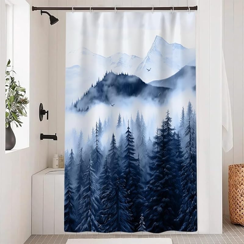 Mountain Shower Curtain, Navy Blue Misty Forest Shower Curtain Set Waterproof Nature Scenery Bathroom Decor with Hooks, 72x72 Inch