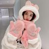 Women's Fleece-Lined Winter Hat & Scarf Three-Piece Set with Gloves and Hooded Rabbit Ears