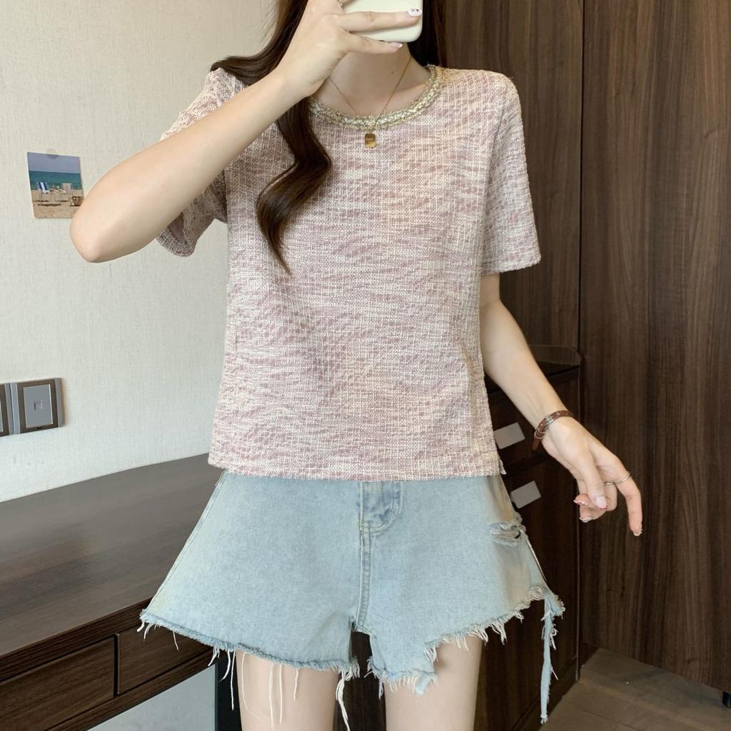 Retro Fashion Woven Plaid Top for Women's Summer Age Reduction and Stylish Versatile T-shirt