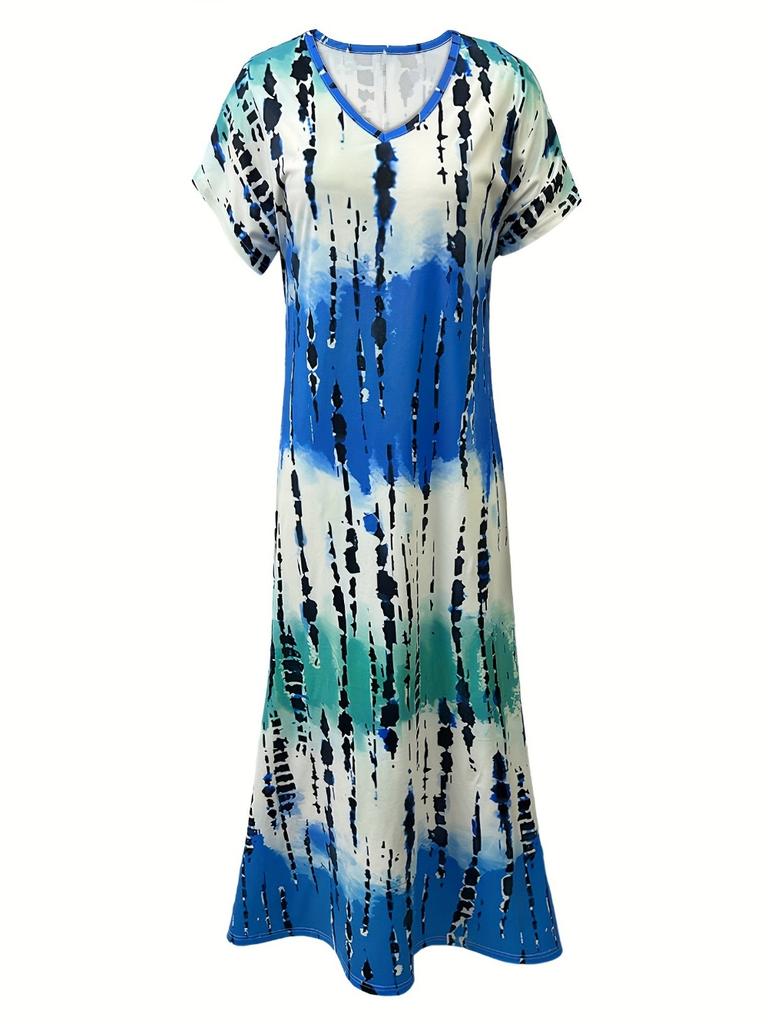 Φόρεμα V-λαιμόκοψη Tie Dye, Κομψό Φόρεμα με Σκίσιμο και Κοντό Μανίκι Για Άνοιξη & Καλοκαίρι, Γυναικεία Ρούχα