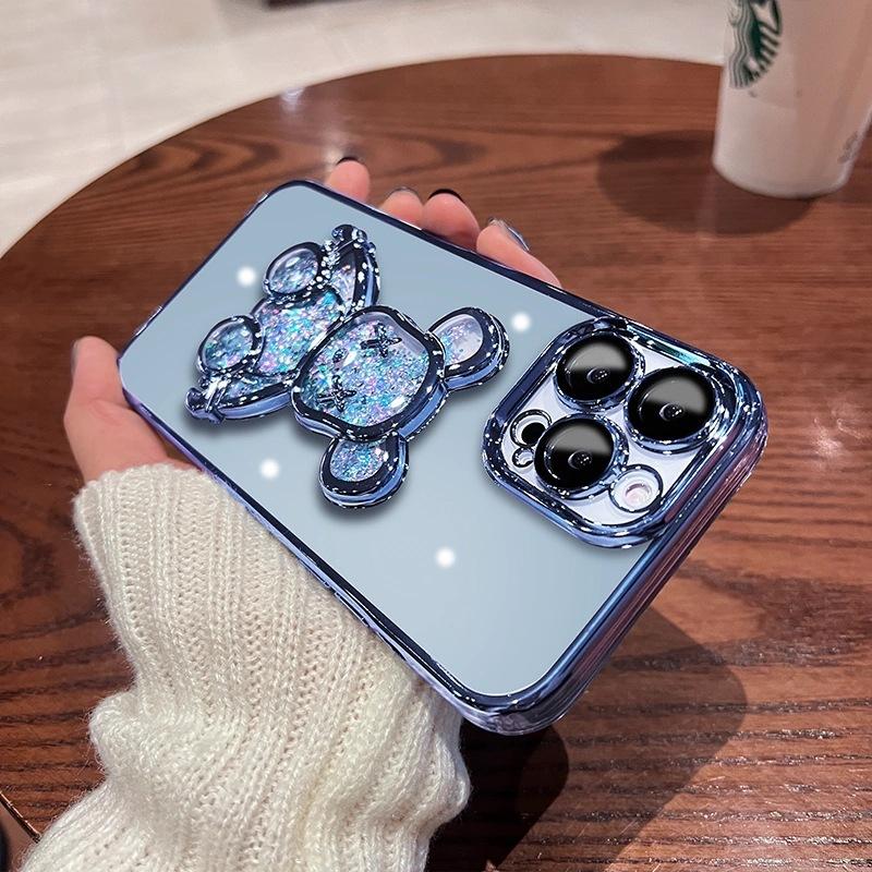 Electroplating quicksand violent bear is suitable for iPhone17 mobile phone case with glass lens film Apple 16 transparent soft case