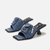 Fashion Summer Women New Genuine Leather Denim Open Toe Metal Strange Heels Fashion Concise Pleated Cut Out Modern Gladiator Slippers