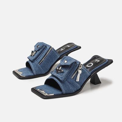 Fashion Summer Women New Genuine Leather Denim Open Toe Metal Strange Heels Fashion Concise Pleated Cut Out Modern Gladiator Slippers