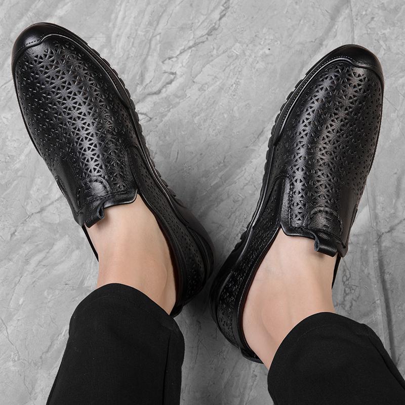Fashion Summer Men Quality Casual Hollow Out Loafers Shoes Business Genuine Leather Shoe Luxury Brand Fashion Flats Man Breathable Shoes