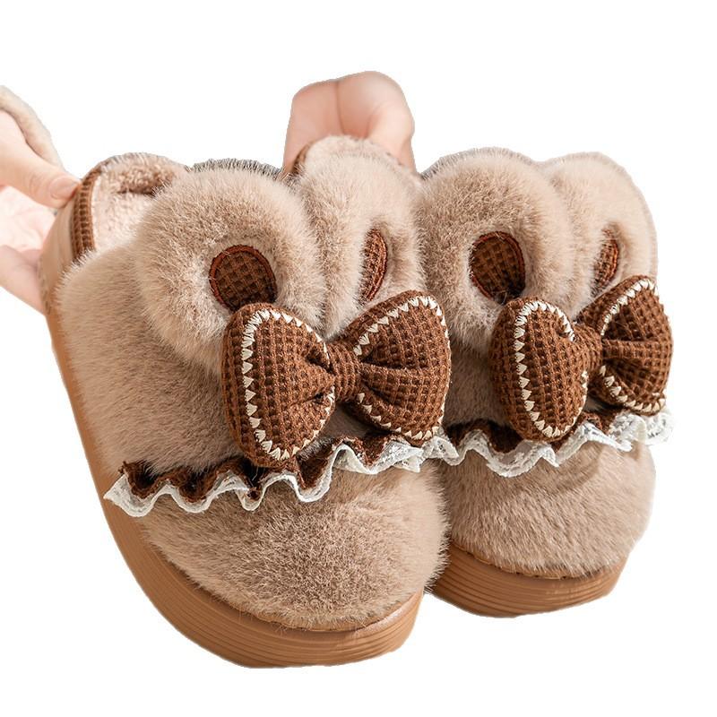 New Winter Thick Plush Bow Cotton Slippers Home Indoor Warm Non-slip Cute Couple Cotton Shoes