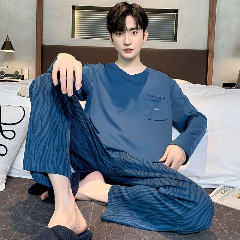 New Men's Pajamas Pure Cotton Spring Autumn Long Sleeved Sleepwear Striped Youth Winter Casual Homewear Pullover Loungewear